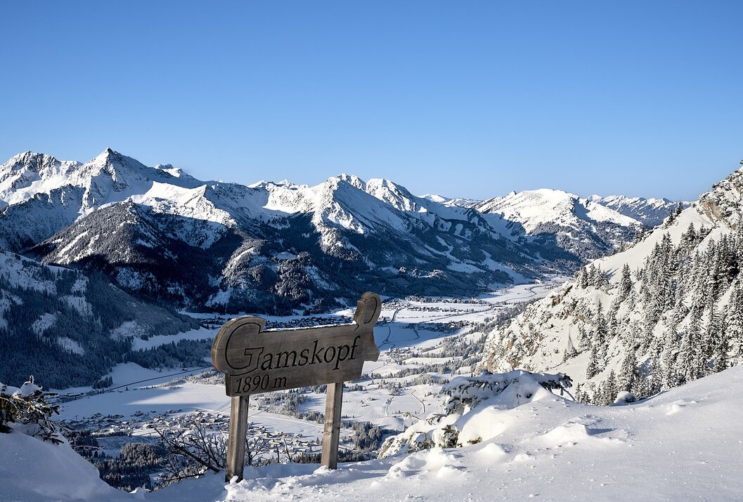 Gipfelkreuz Gamskopf im Winter vor verschneiter Berglandschaft unter blauem Himmel