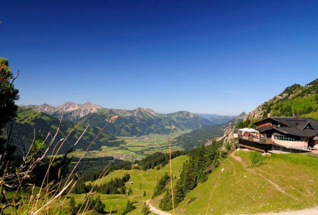 Berglandschaft mit grünen Wiesen, bewaldeten Hängen und einem Gebäude am Berghang unter blauem Himmel
