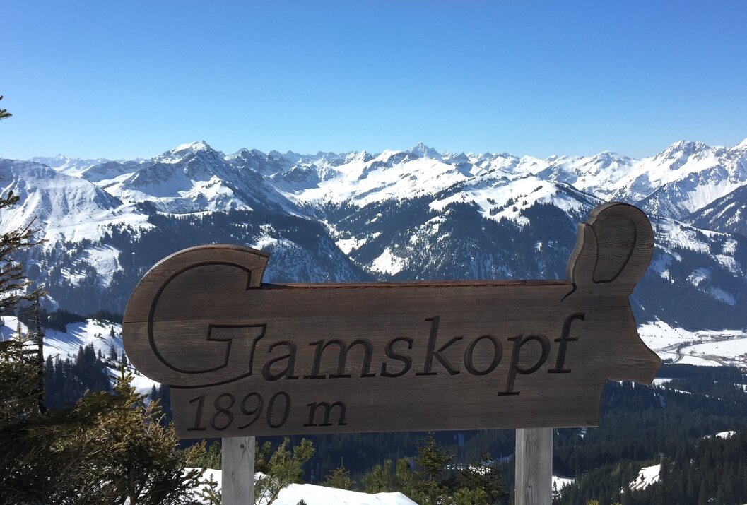 Gamskopf-Schild vor verschneiter Berglandschaft unter blauem Himmel