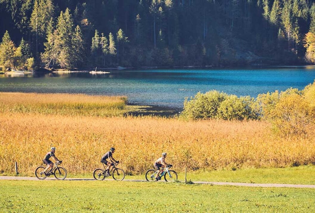 Radfahrer fahren an einem See vorbei, umgeben von Wiesen und Wald
