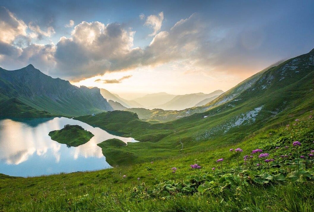 Grüne Berglandschaft mit See und Blumen im Vordergrund, bewölkter Himmel im Hintergrund