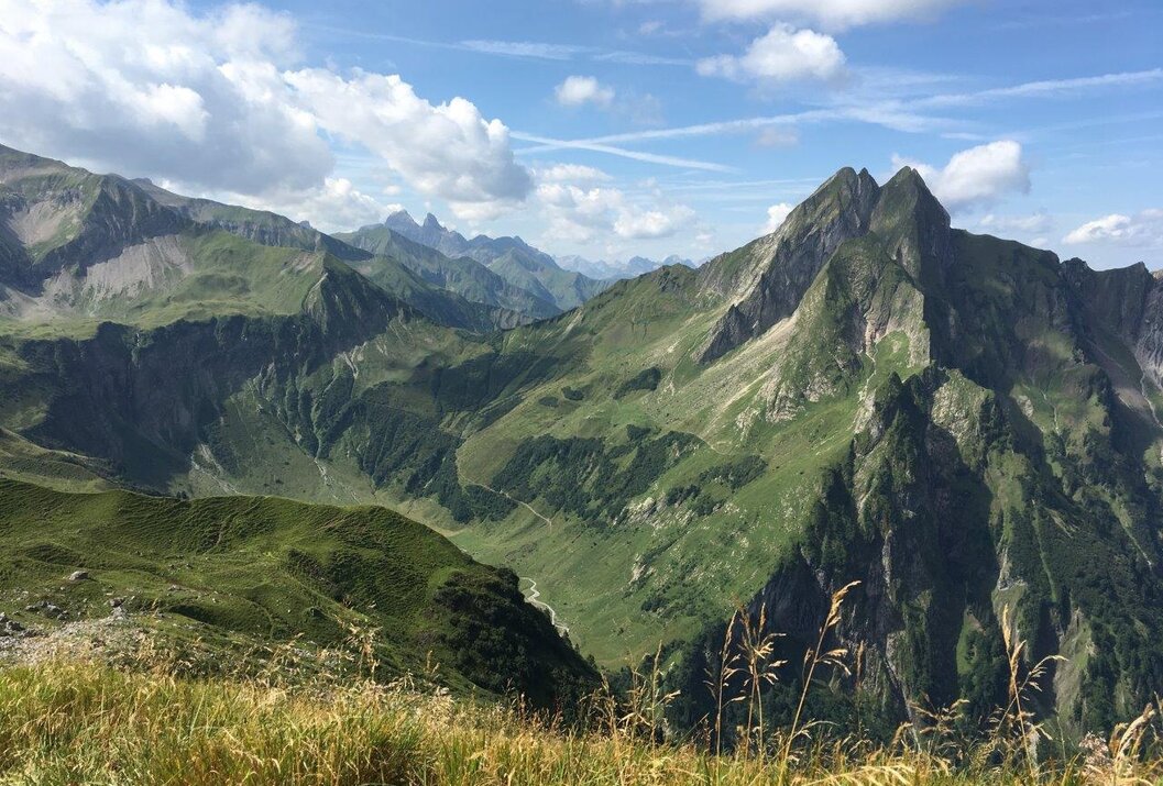 Grüne Berglandschaft unter blauem Himmel mit Wolken und gelbem Gras im Vordergrund