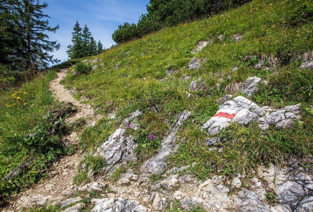 Bergpfad mit roter Markierung auf Felsen führt steil bergauf