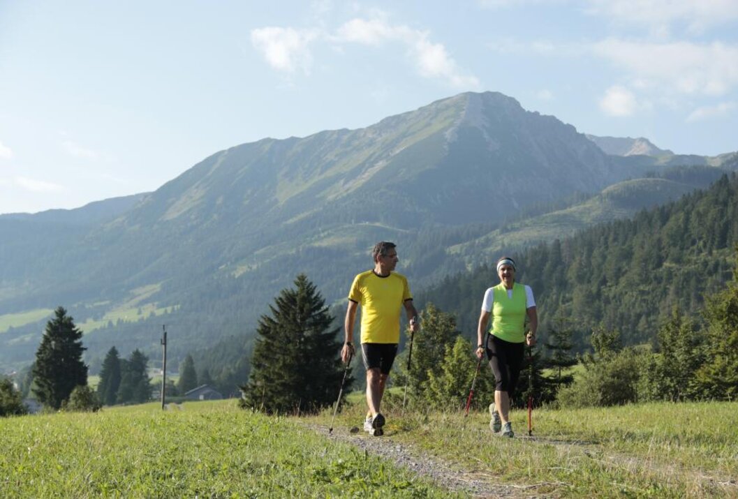 Zwei Personen beim Nordic Walking vor Bergkulisse