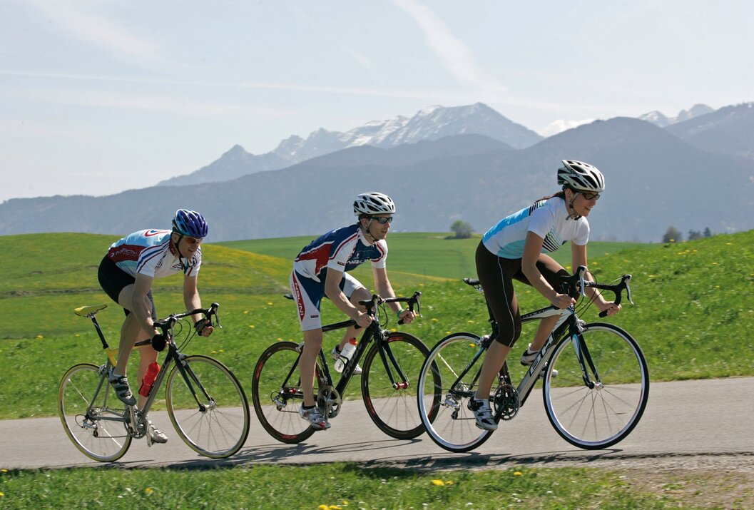 Drei Radfahrer auf Asphaltstraße vor grüner Landschaft und schneebedeckten Bergen