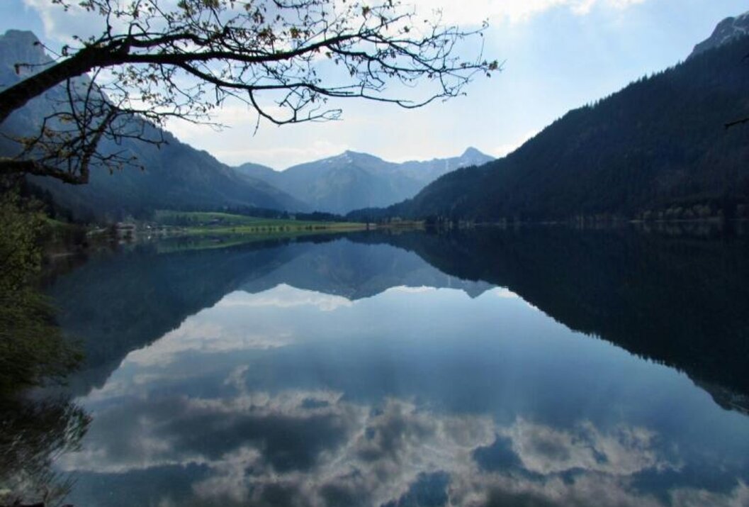 Ruhiger See spiegelt Berge und Himmel wider, Äste im Vordergrund