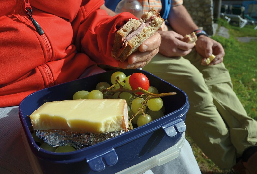 Person hält Sandwich über einer Brotdose mit Käse, Trauben und Tomate