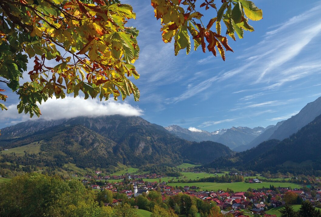 Berglandschaft mit grünen Wiesen, Häusern und herbstlichen Blättern im Vordergrund unter blauem Himmel