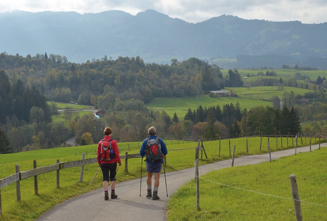 Zwei Wanderer mit Rucksäcken auf Weg in grüner Landschaft mit Bergen im Hintergrund
