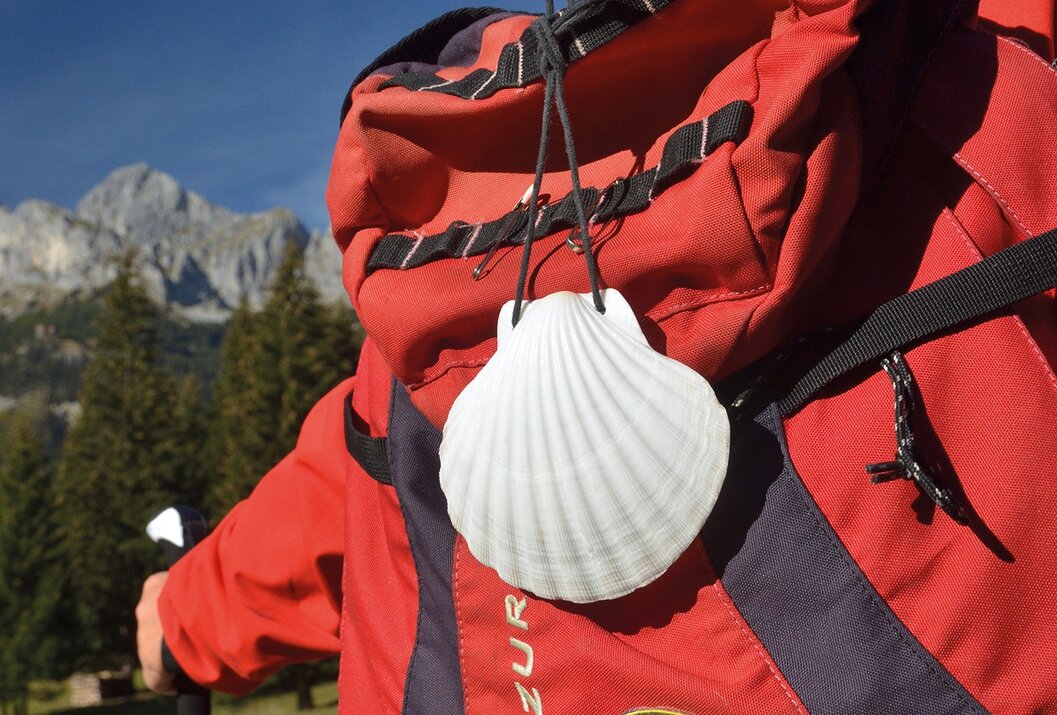 Wanderer mit roter Jacke und Jakobsmuschel am Rucksack vor Berglandschaft