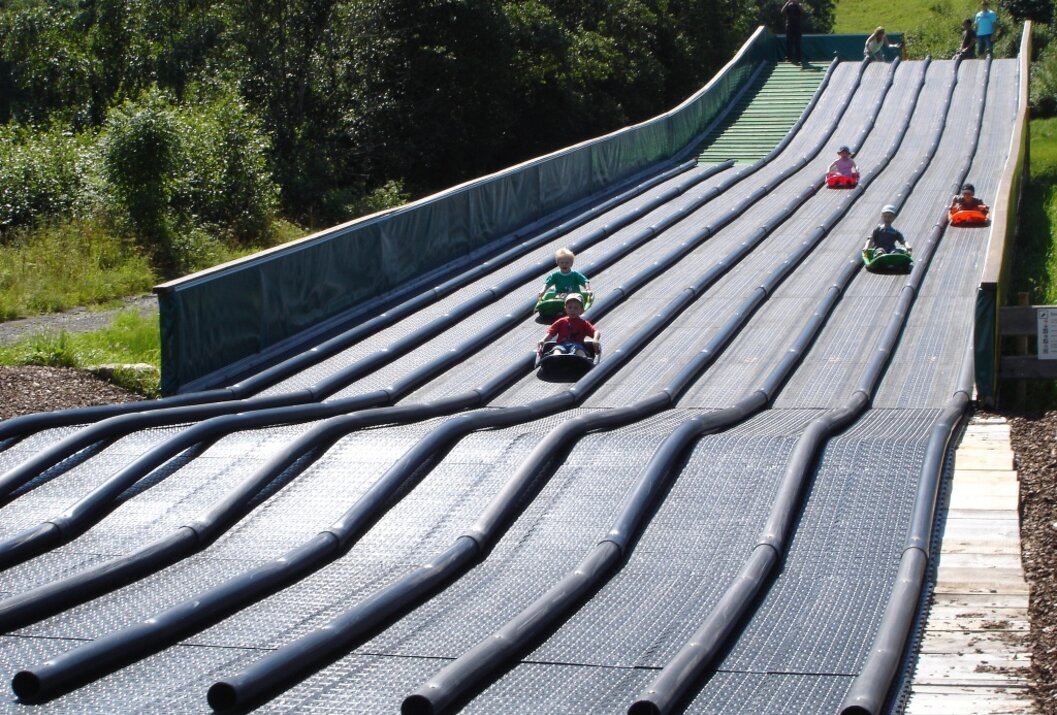 Kinder fahren auf einer Sommerrodelbahn bergab
