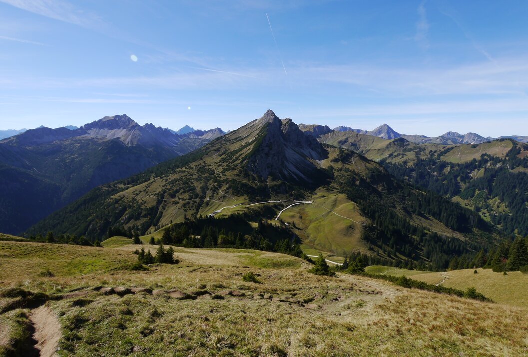 Berglandschaft mit Wiesen, Wäldern und blauem Himmel