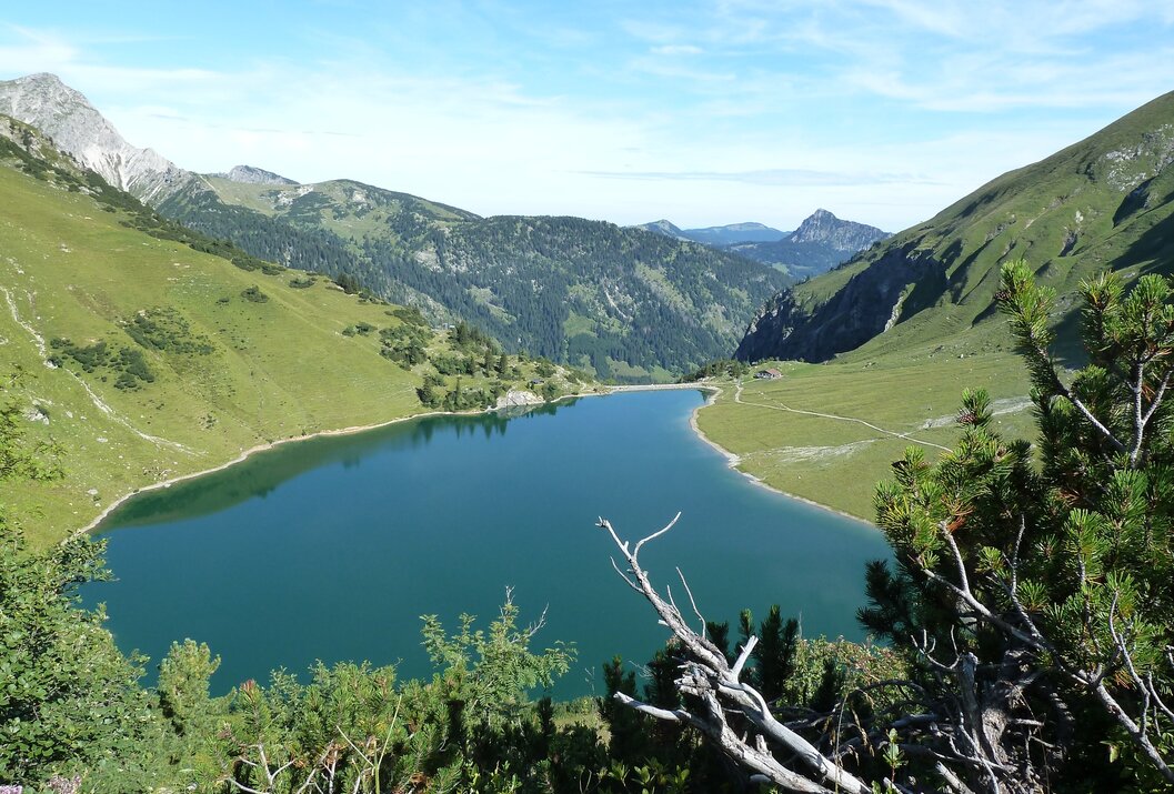 Bergsee umgeben von grünen Hügeln und bewaldeten Bergen unter blauem Himmel