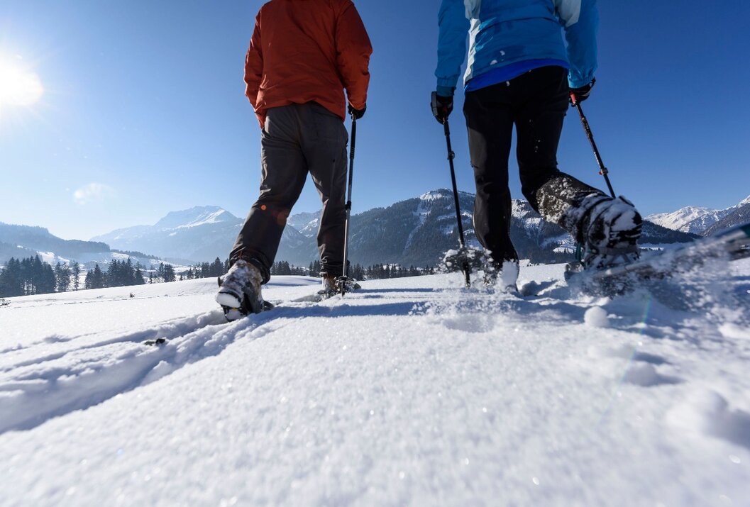 Zwei Personen wandern mit Schneeschuhen durch eine verschneite Landschaft