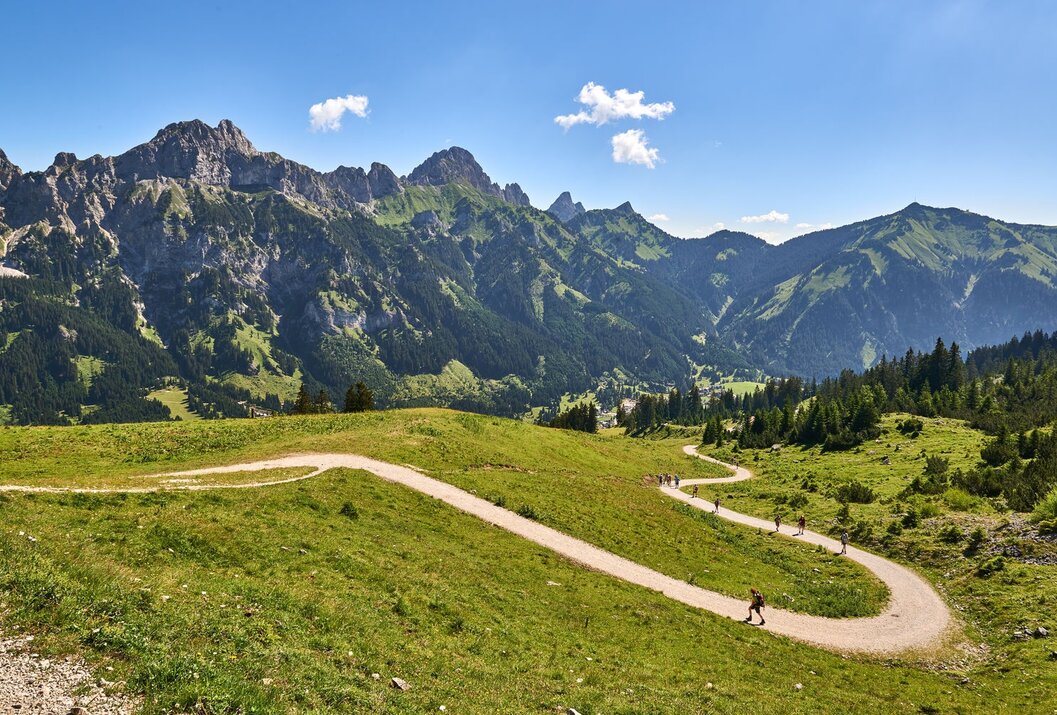 Serpentinenweg führt durch grüne Berglandschaft mit bewaldeten Hängen und Gipfeln unter blauem Himmel