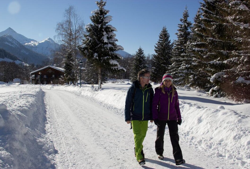 Zwei Personen spazieren auf einem verschneiten Weg zwischen Bäumen und Häusern