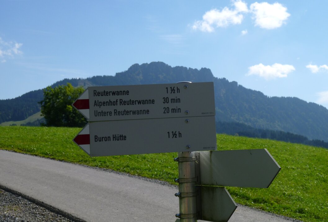 Wegweiser mit Wanderzielen vor grüner Wiese und Bergkulisse