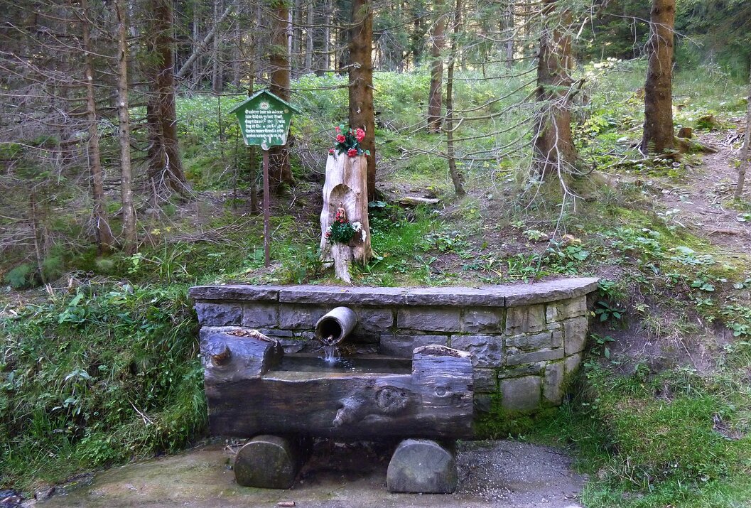 Waldbrunnen mit Holztrog und Steineinfassung vor Bäumen