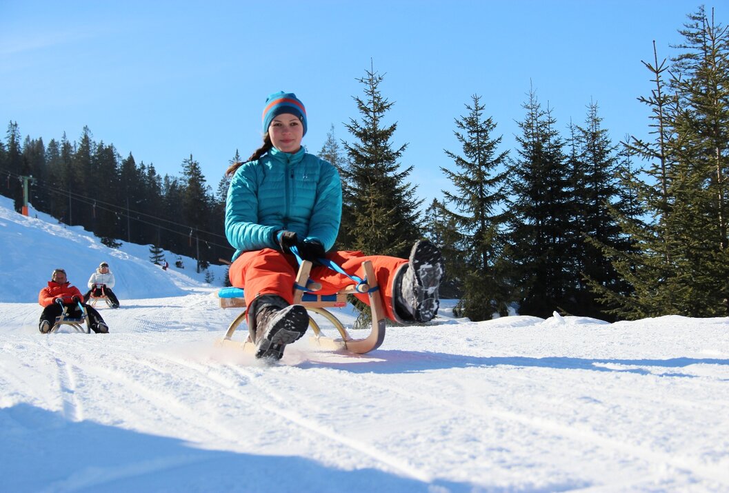 Mädchen fährt mit Schlitten im Schnee vor Tannenbäumen