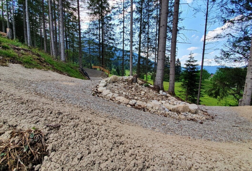 Schotterweg im Wald führt zu einer Treppe, im Hintergrund Berge und Bäume