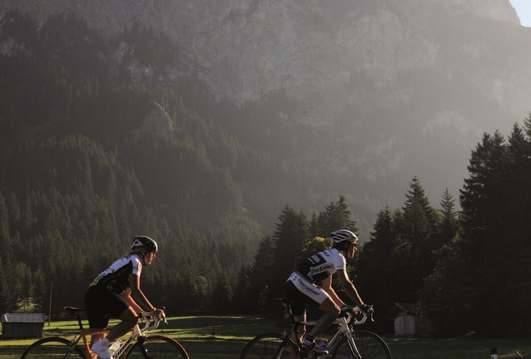 Zwei Radfahrer vor Bergkulisse auf Wiese