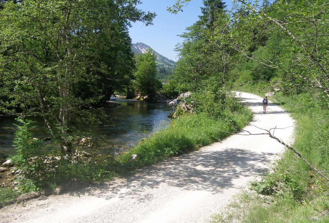 Fluss neben Schotterweg, Bäume, Berg im Hintergrund, Wanderer auf dem Weg