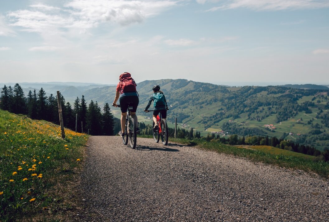 Zwei Personen fahren mit Mountainbikes auf einem Schotterweg bergauf