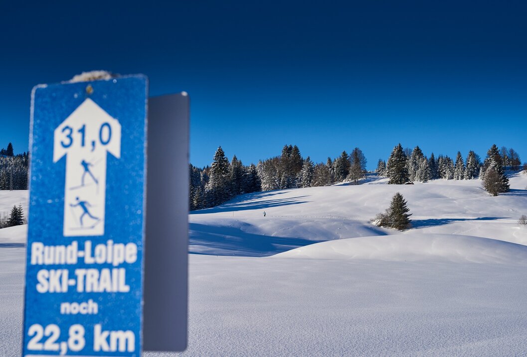 Verschneite Landschaft mit Loipenschild im Vordergrund unter blauem Himmel