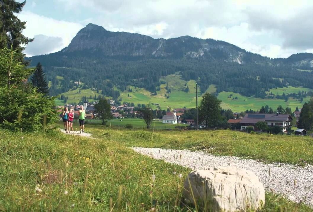 Wanderer auf Pfad vor Berglandschaft mit Wiesen und Dorf