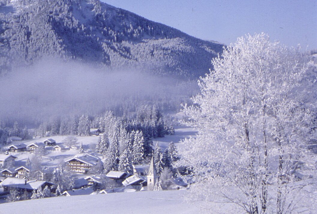 Winterliche Landschaft mit schneebedecktem Dorf, Bergen und einem Baum im Vordergrund