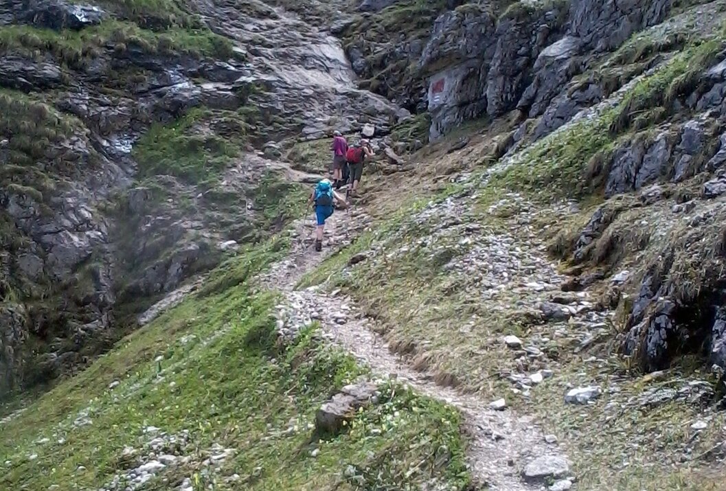 Wanderer auf steilem, felsigem Bergpfad mit grüner Vegetation