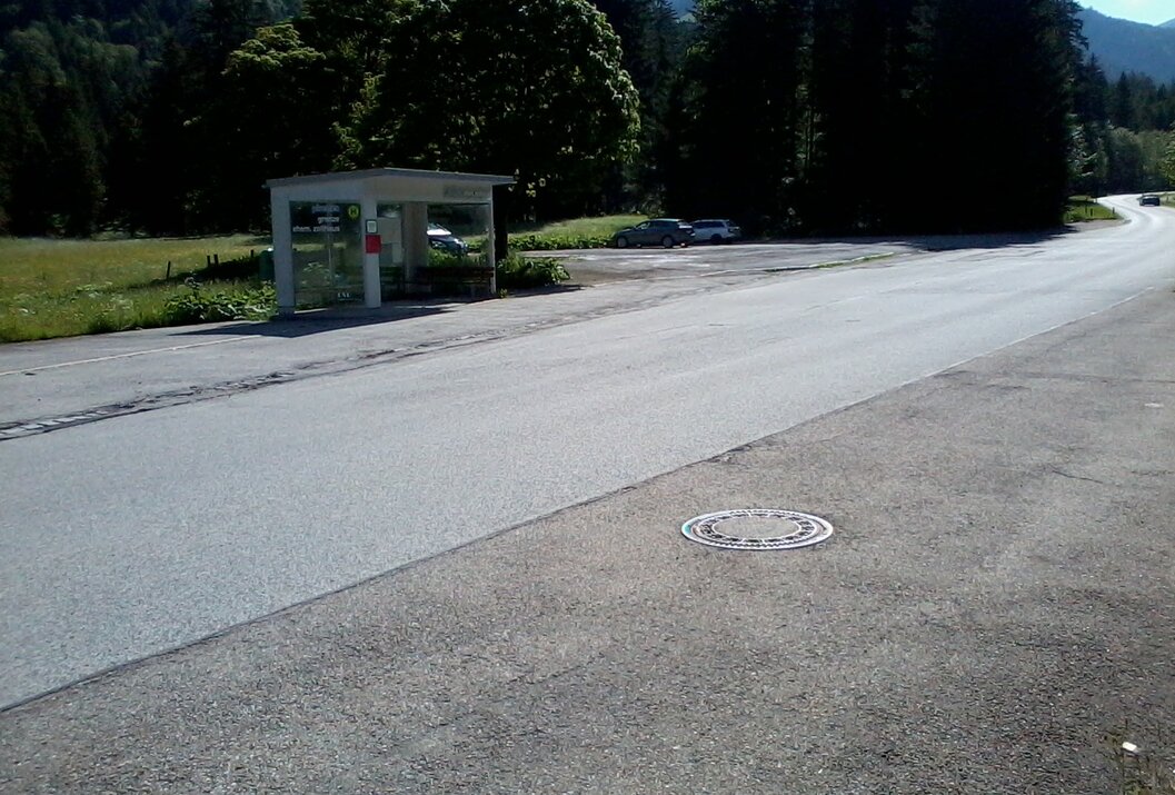 Bushaltestelle am Straßenrand mit Wald im Hintergrund