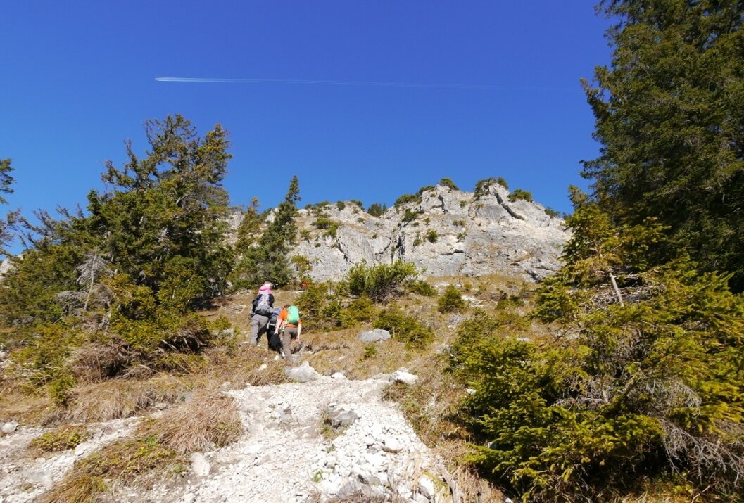 Wanderer auf steinigem Pfad bergauf, Felsen im Hintergrund, blauer Himmel