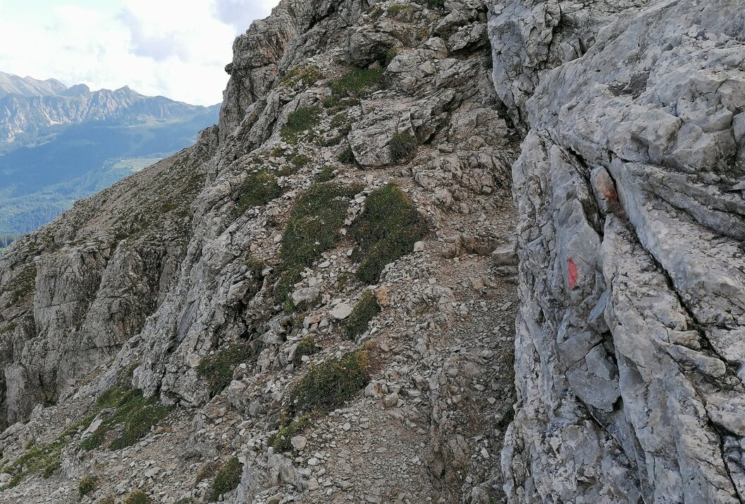 Schmaler Bergpfad mit Felsen und roter Markierung an einem Stein