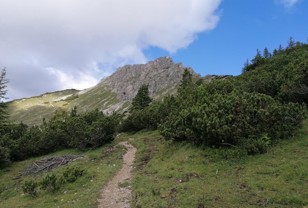 Bergpfad führt zu felsigem Gipfel unter blauem Himmel mit Wolken