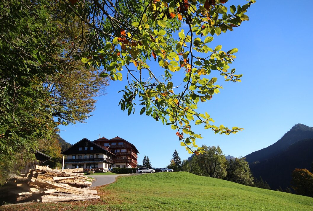 Hotel am Hang mit Baum im Vordergrund unter blauem Himmel