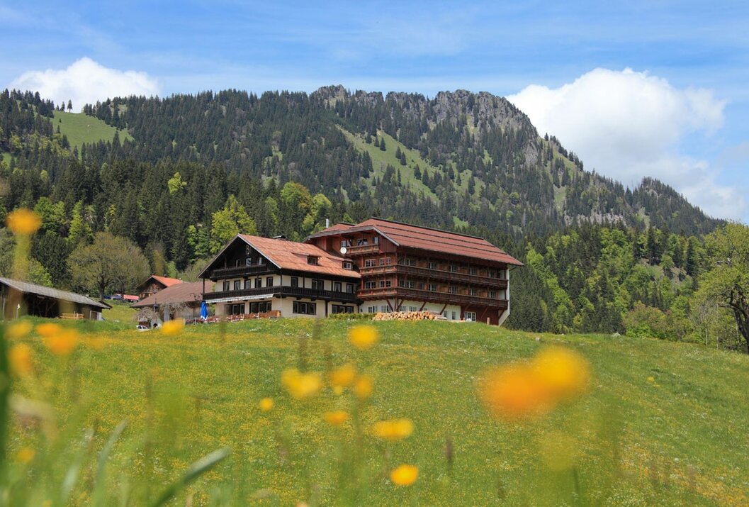 Hotel auf grüner Wiese vor bewaldetem Bergpanorama