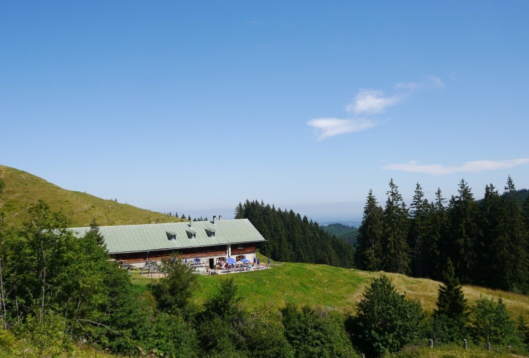 Hütte mit grünem Dach auf grüner Wiese vor bewaldeten Bergen unter blauem Himmel