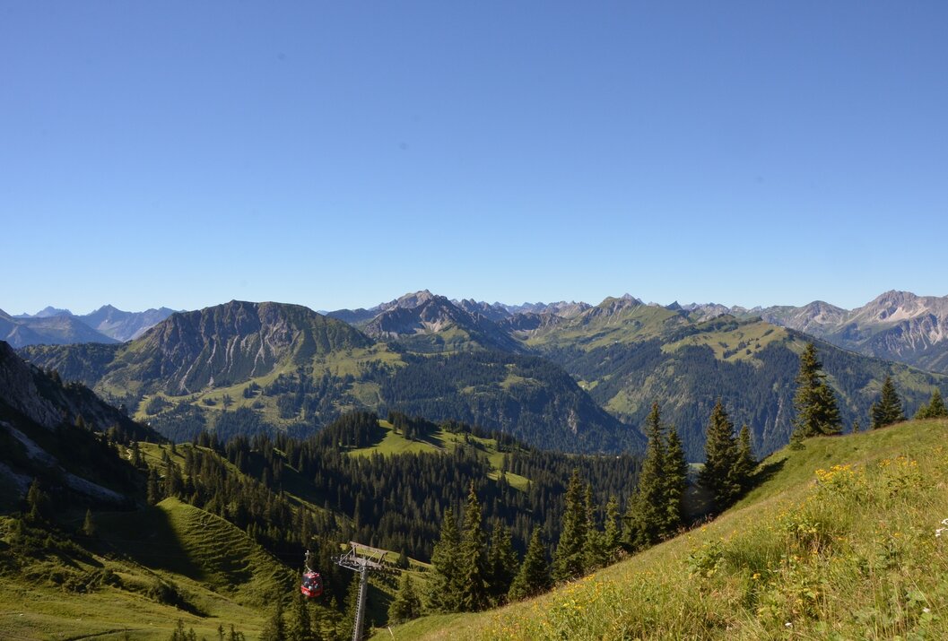Berglandschaft mit grünen Hängen, Wäldern und blauem Himmel im Sommer