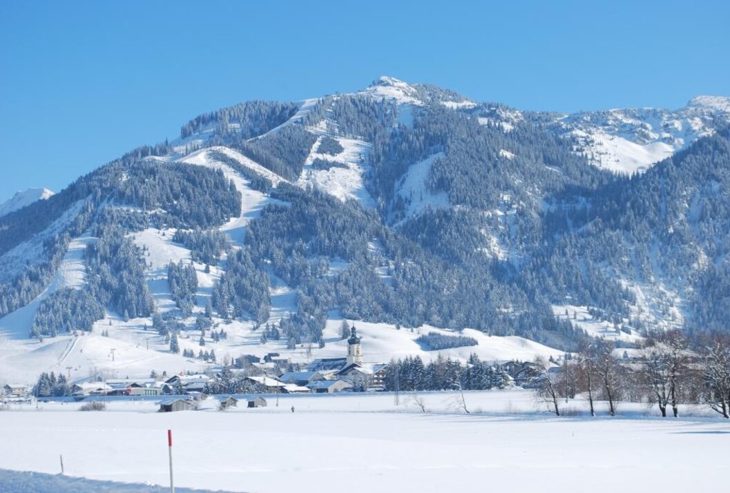 Winterlandschaft mit schneebedecktem Berg, Bäumen und Dorf unter blauem Himmel