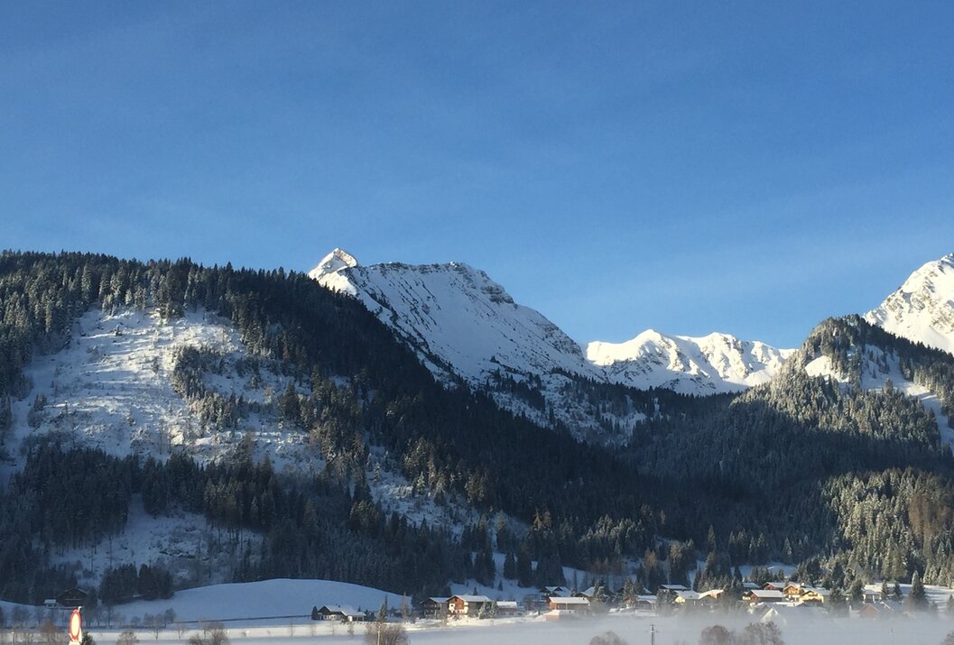 Verschneite Berge und Bäume unter blauem Himmel