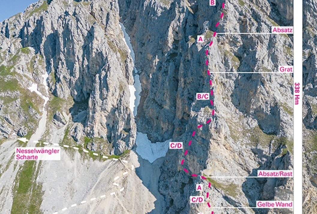 Bergflanke mit eingezeichneter Kletterroute und Höhenangaben