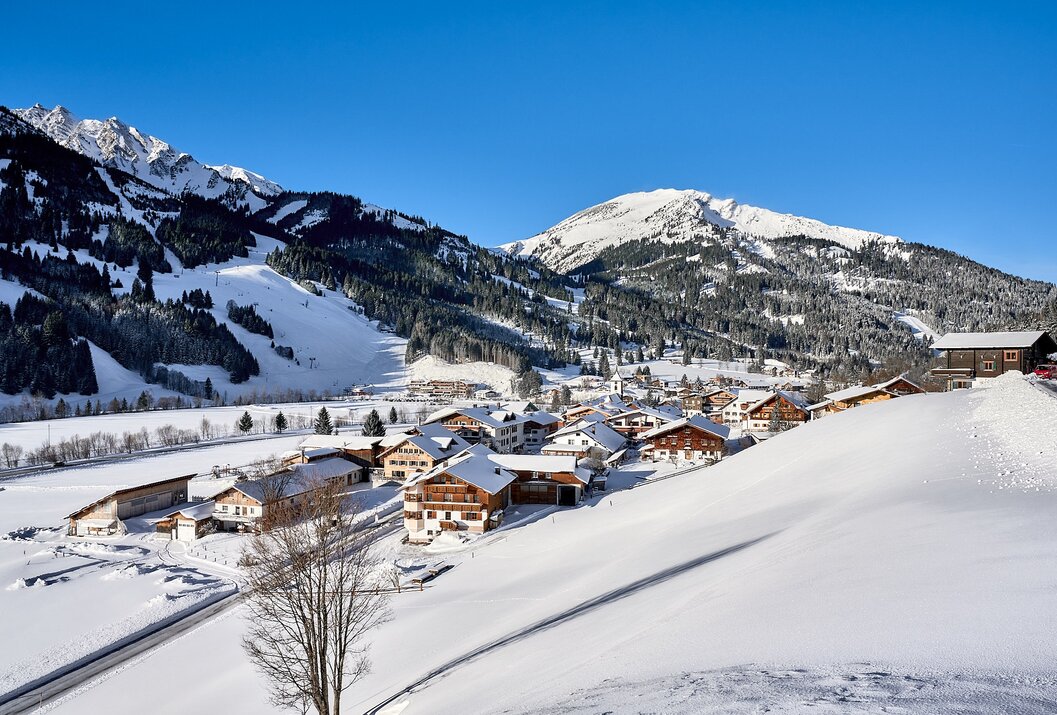 Winterliche Landschaft mit verschneitem Dorf und Bergen unter blauem Himmel