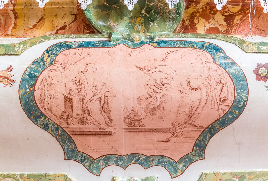 Detail einer Wandmalerei mit Figuren in einem verzierten Rahmen