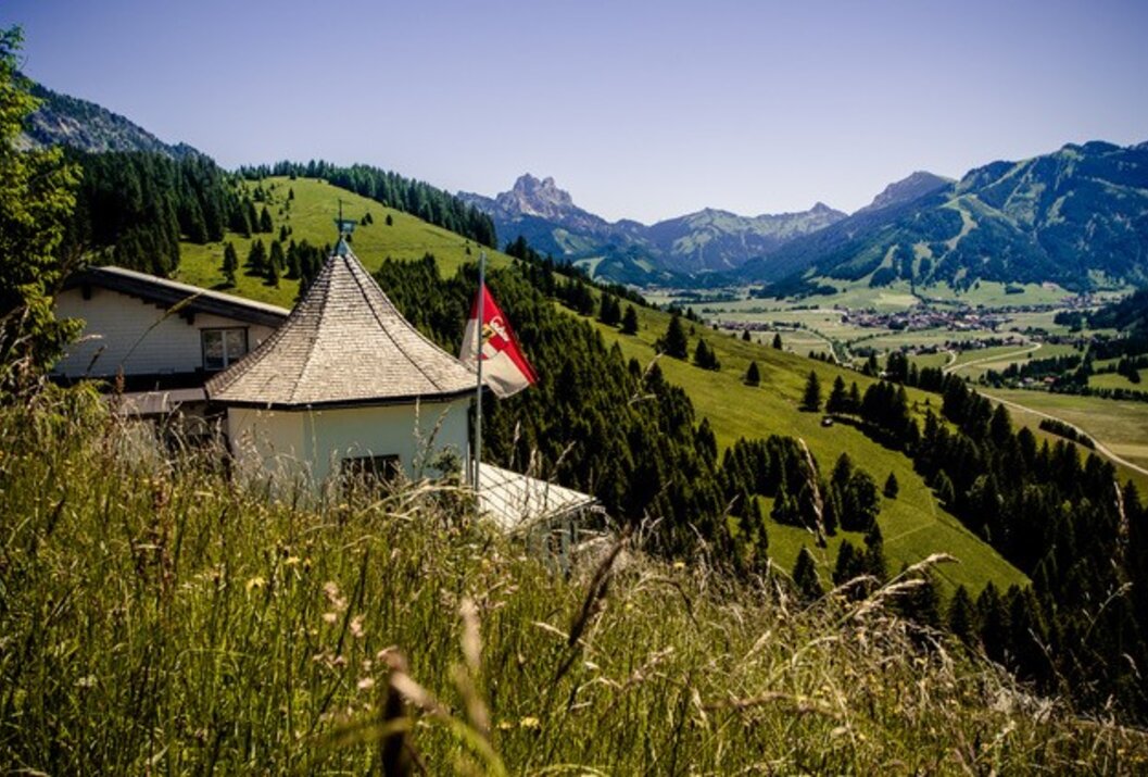 Landschaft mit Haus, Wiese, Bergen und Fahne im Vordergrund