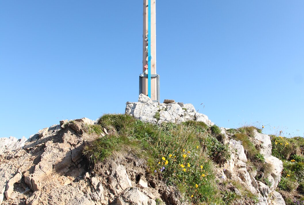 Gipfelkreuz auf Felsen mit Gras und Blumen vor blauem Himmel