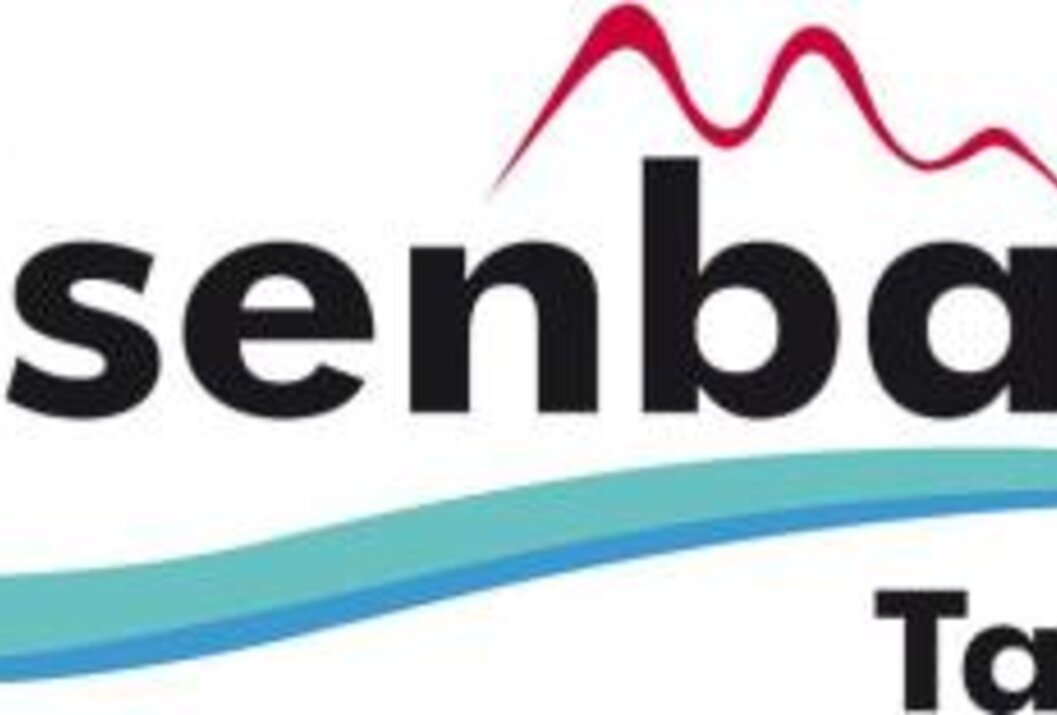 Logo mit Schriftzug, stilisierter Bergkette und blauem Fluss