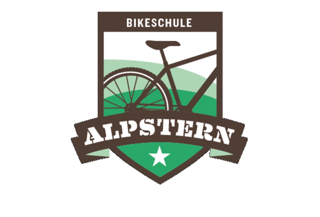 Logo of the Alpstern bike school with a bicycle silhouette in front of a mountain landscape