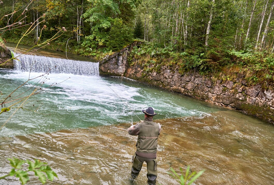 Angler steht im Fluss vor Wasserfall und Wald