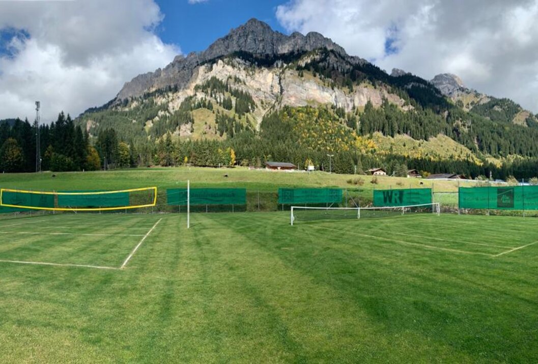 Grüner Sportplatz mit Tennisnetz vor Berglandschaft